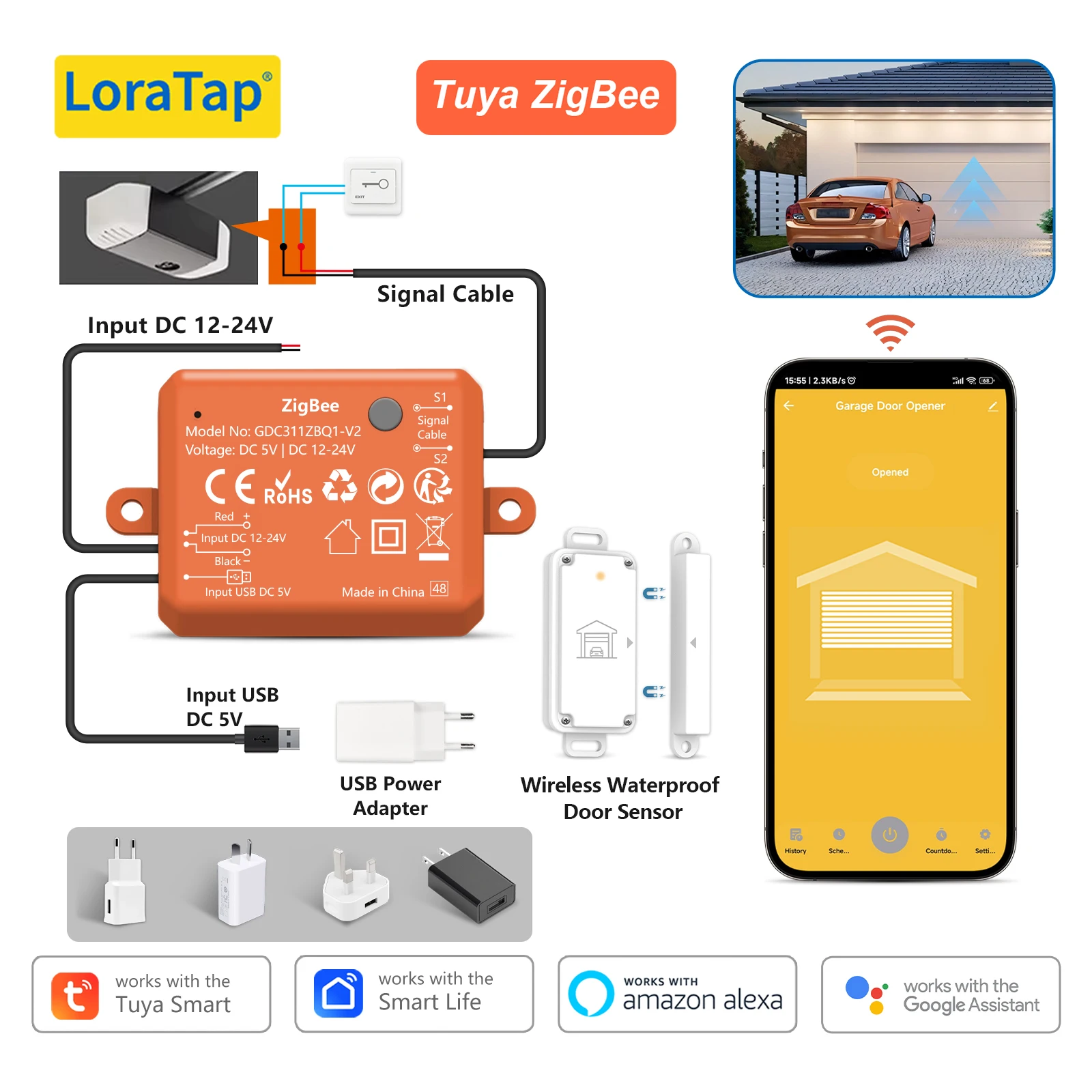 LoraTap Tuya ZigBee Garage Opener Controller Wireless Waterproof Door Sensor Smart Life Remote Control Google Assistant Alexa