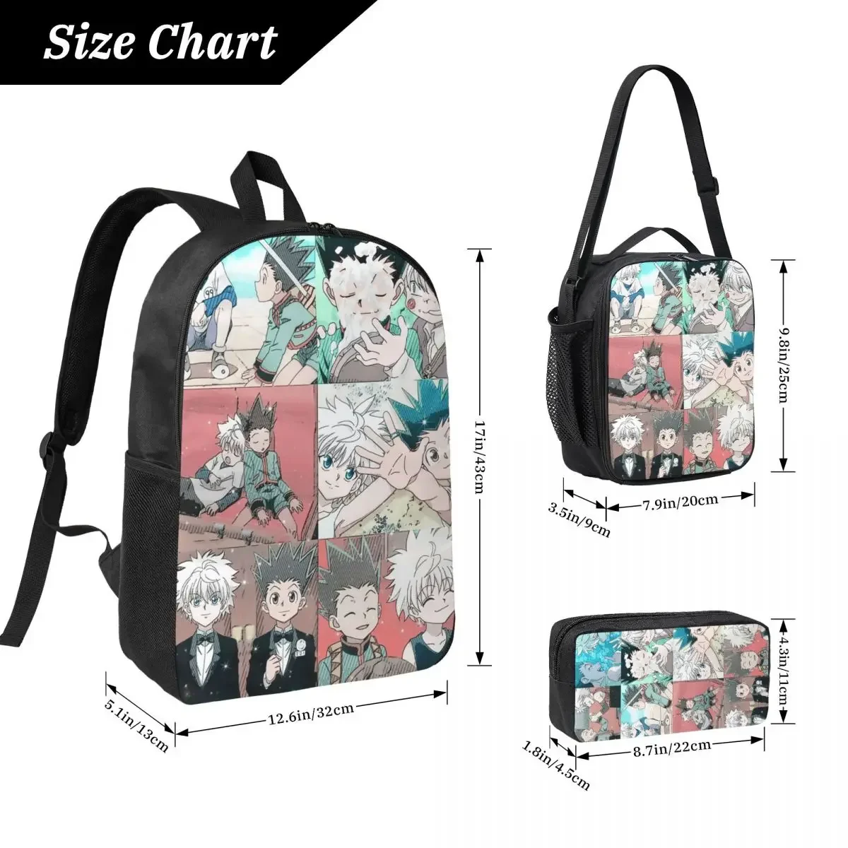 Gon And Killua HXH Hunter x Hunter Backpack Boy Girl BookBag School Bag Laptop Shoulder Bags 3ps Insulated Lunch Bag Pencil Case