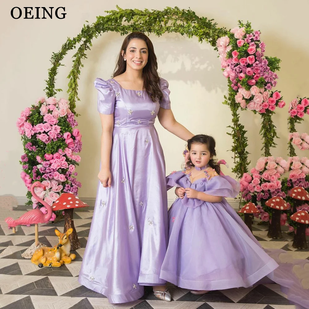 OEING-Vestidos Princesa Lavender A Line Prom, Manga Puff Elegante, Babados, Mãe e Filha, Sessão Fotográfica, Vestidos de Festa, Celebridade