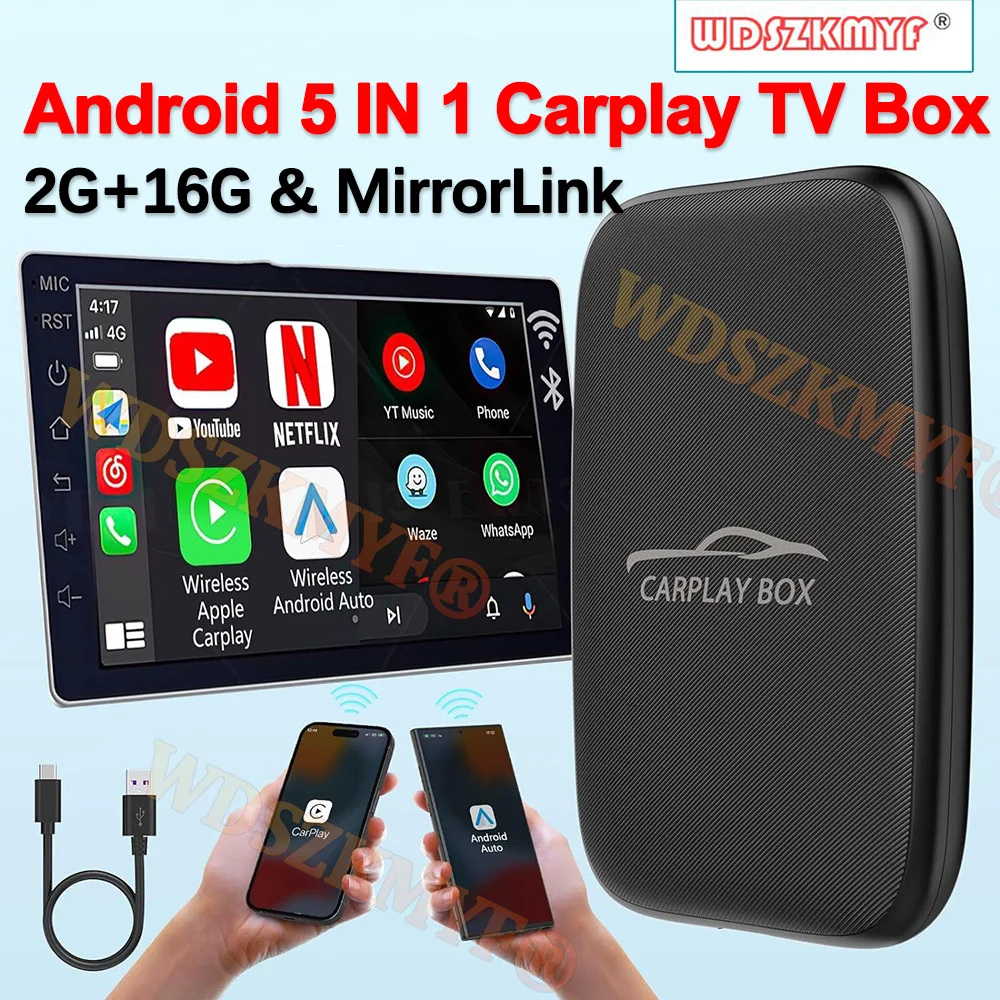 

5 in 1 Android AI box Wired To Wireless CarPlay Android Auto Adapter Plug and Play Tv Box For Netflix YouTube Accessories