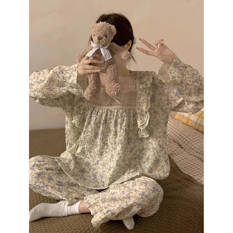 Floral Sleepwear Lace Women Pajamas Set Autumn Piiama Korean Long Sleeve Sets 2 Pieces Night Wears Square Collar Home Wear New