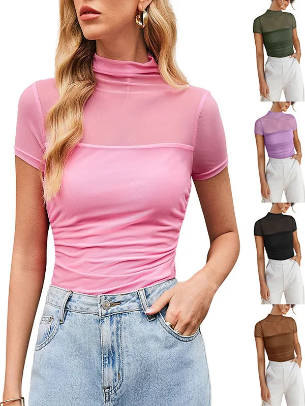 Sexy collo alto in tulle ort Sve irt Top da donna slim fit in pizzo francese Sle Summer Faion Pure Color Abbigliamento casual