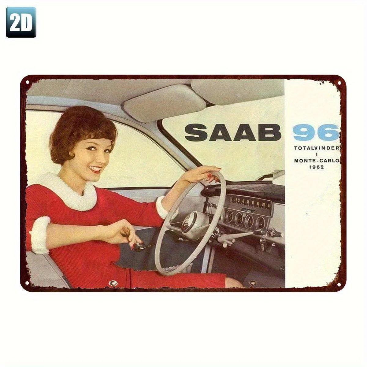 Vintage for SAAB 96 Metal Tin Sign - Retro 1962 Monte-Carlo Rally Design with Red & White Driver Art,   Durable Iron Wall Deco