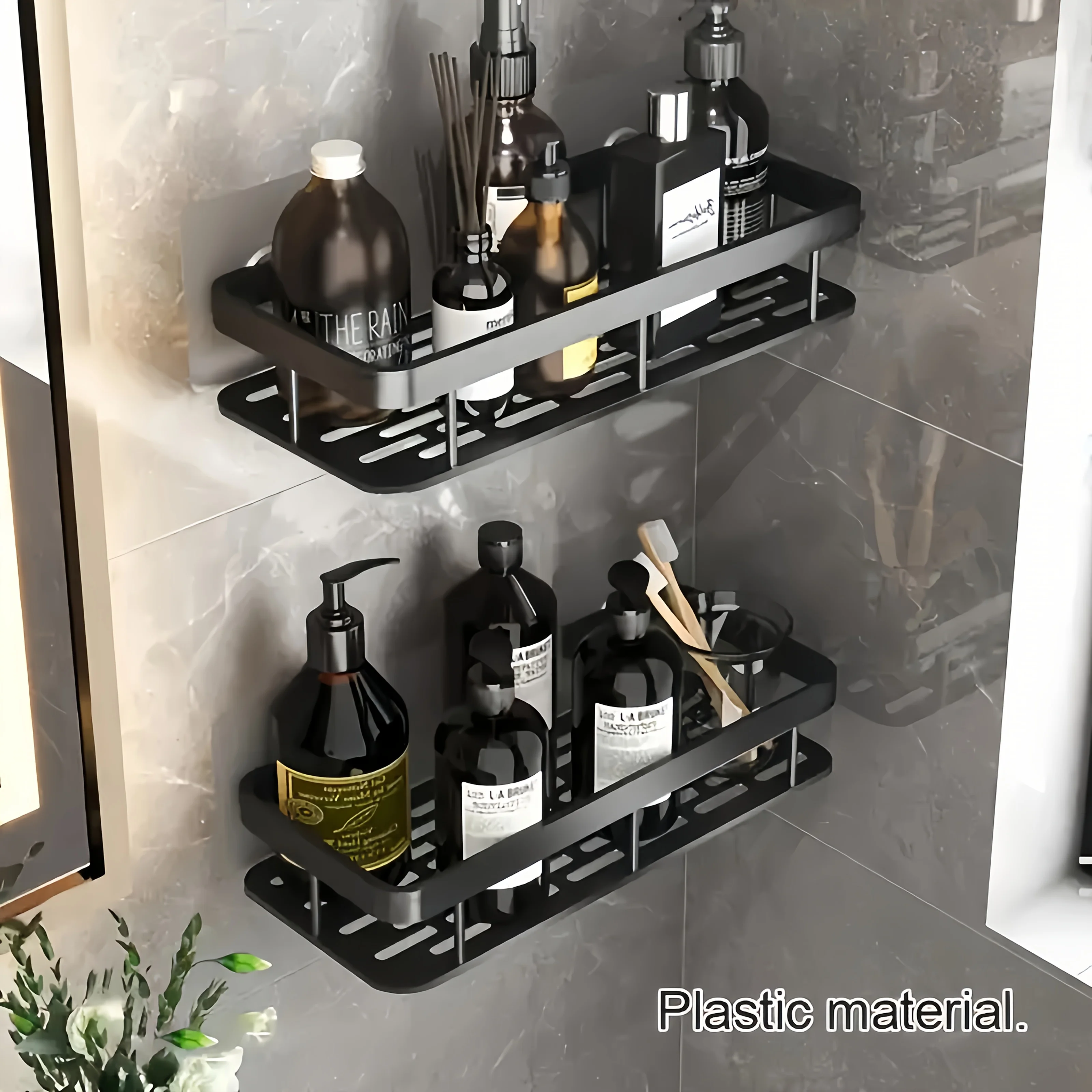 2 PCS Black Wall Mounted Storage Racks Plastic Non Perforated Sorting Rack with Hooks, Bathroom, Kitchen, Corner Storage Rack