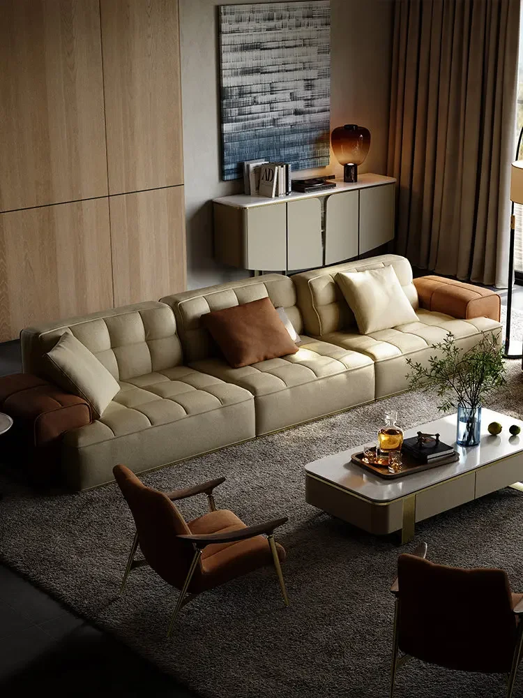 Functional sofa leather Italian villa horizontal hall living room backrest mobile module sofa