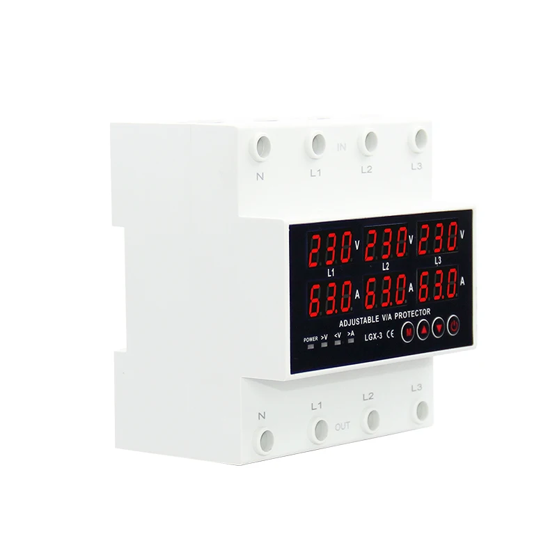 3P+N Din rail Voltmeter Ammeter adjustable Over and Under Voltage current limit protection Monitor  Six Digital Display