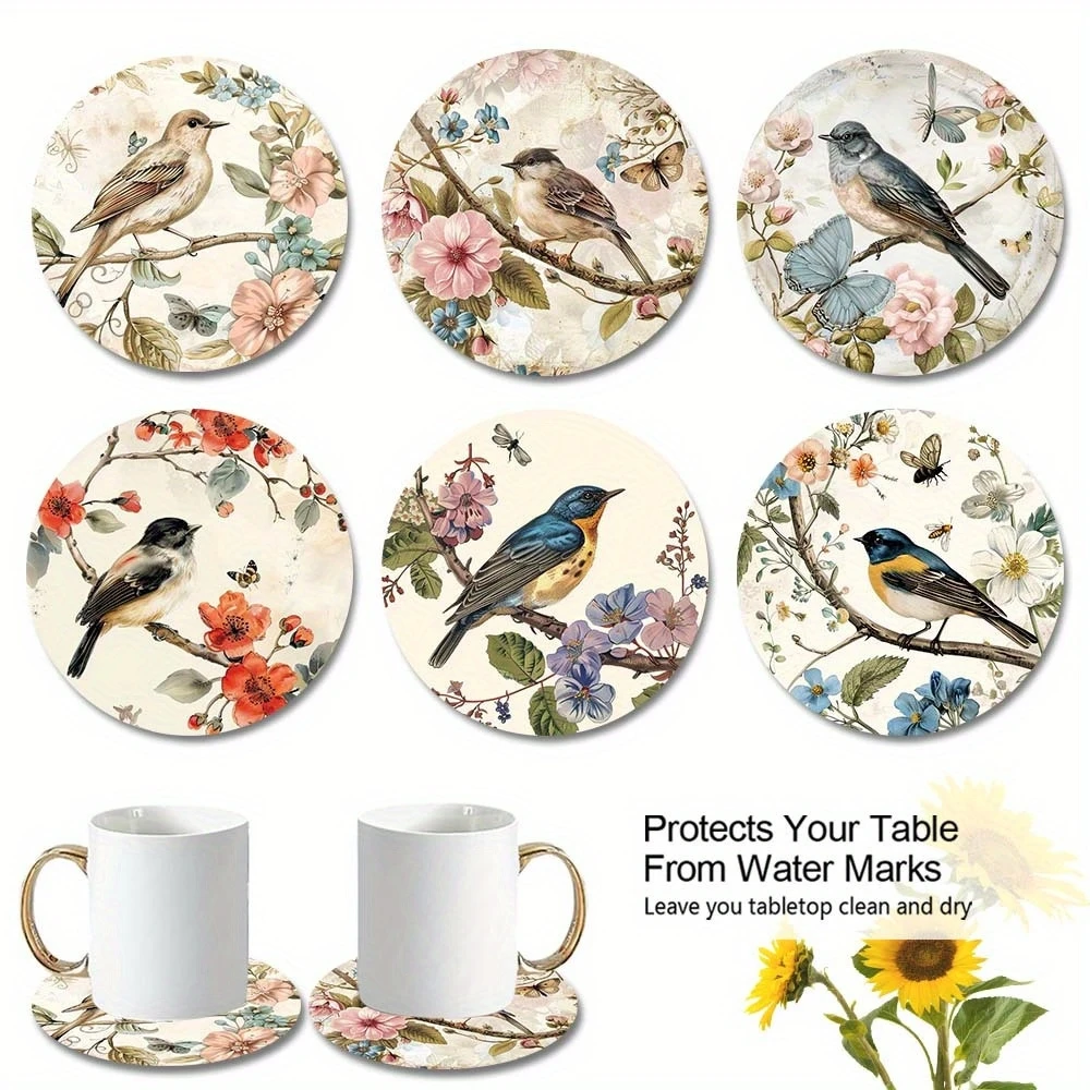 6pcs 2D Watercolor Illustration Style Wooden Coasters Featuring Bird Flower Patterns Artistic Elegant Cup Mats Home Decora Gifts
