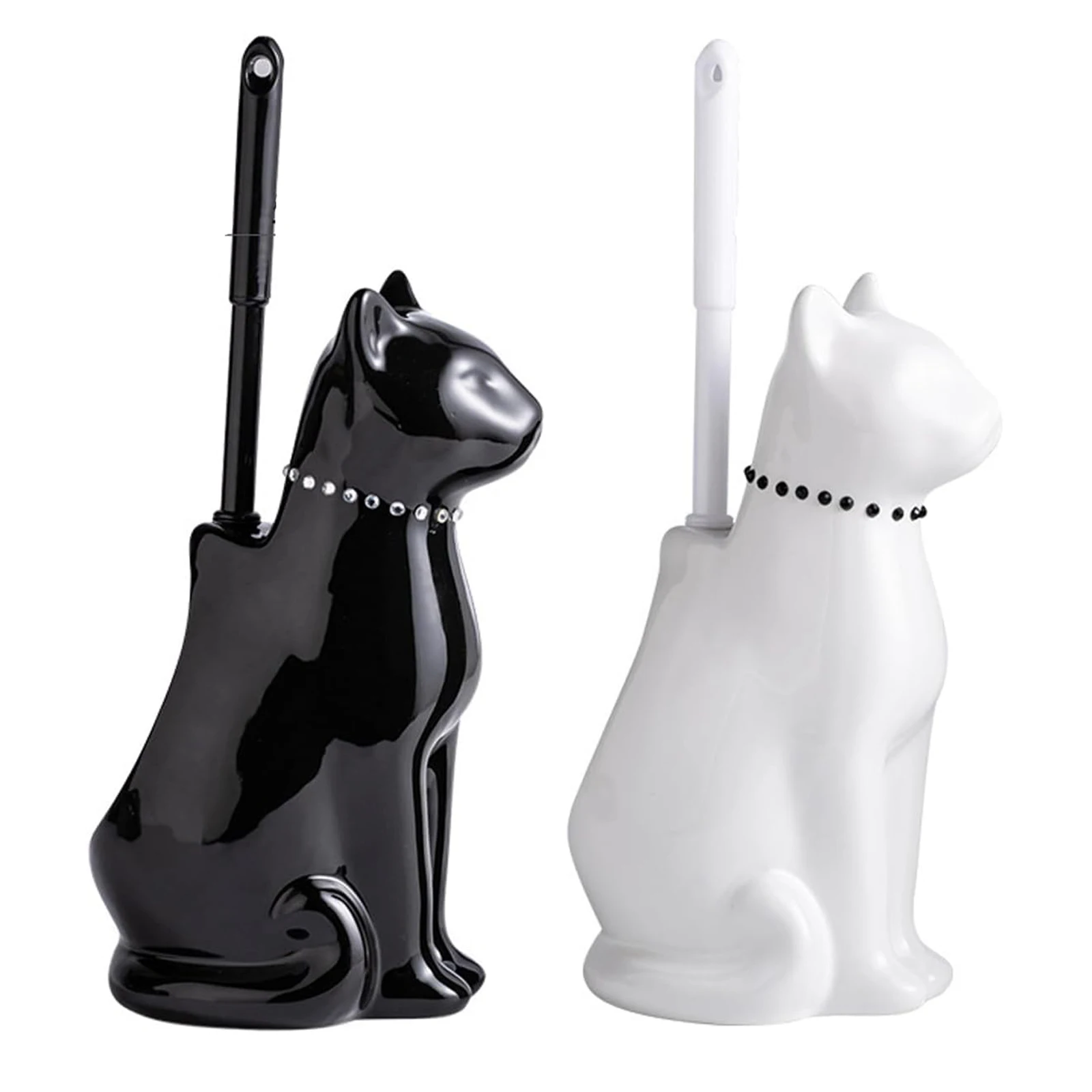 Toilet Cleaning Brush with Ceramic Cats Holder Easy-Clean Toilet Brush and Holder Set Handled Scrub Brush for Bathroom Cleaning