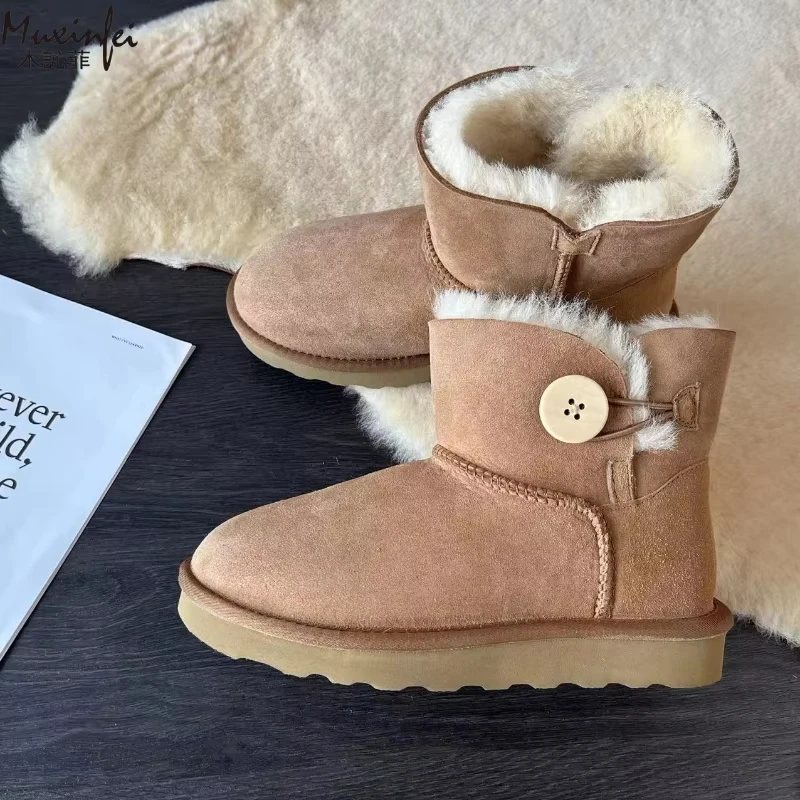 Winter warm snow boots, women's sheepskin and wool integrated boots with chestnut short tube and one button