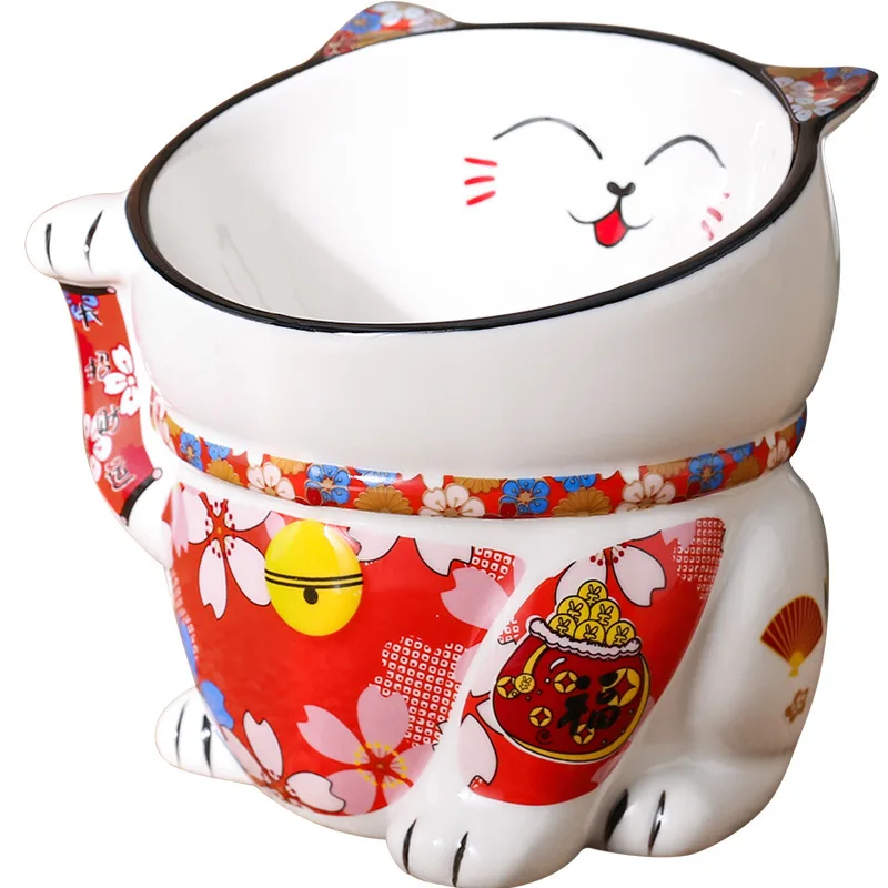 Pet Bowl Cute Lucky Cat Ceramic Bowl Pet Drink Water Feeders Japanese-style