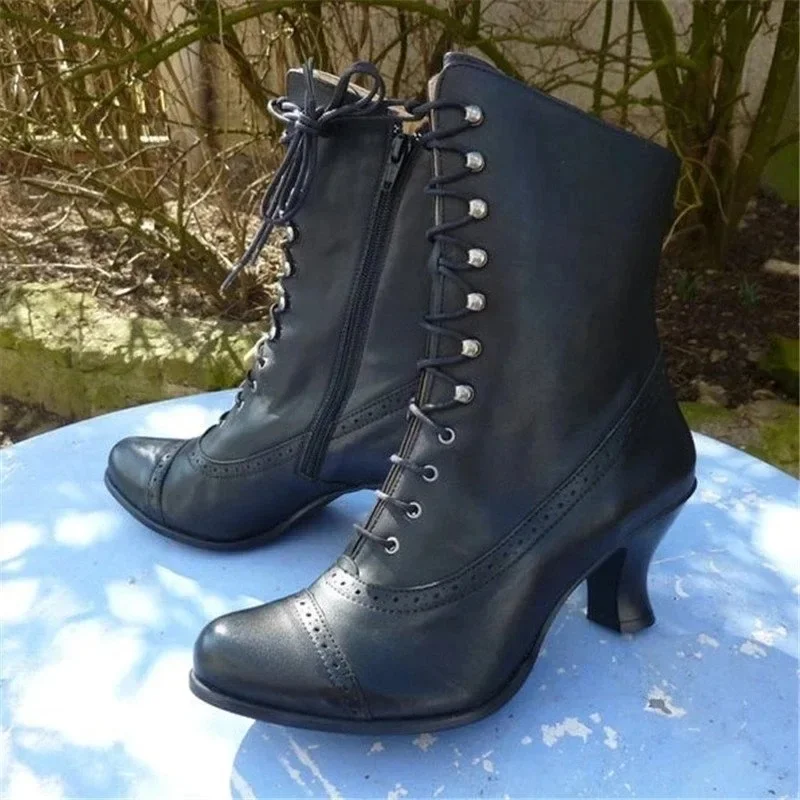 2024 European station high heeled large female style thick heeled short boots medium-duty motorcycle boots female boots