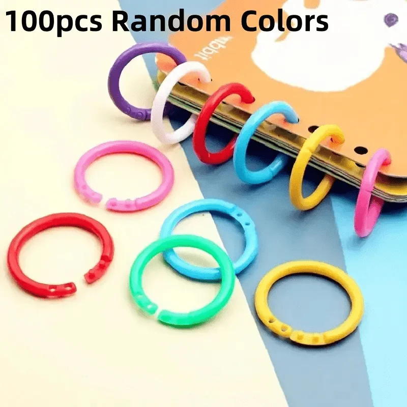 100pcs Colorful Double-Button Book Rings-Durable Polyethylene,Snap-Open Flexible Design, Assorted Colors for Office & School Use