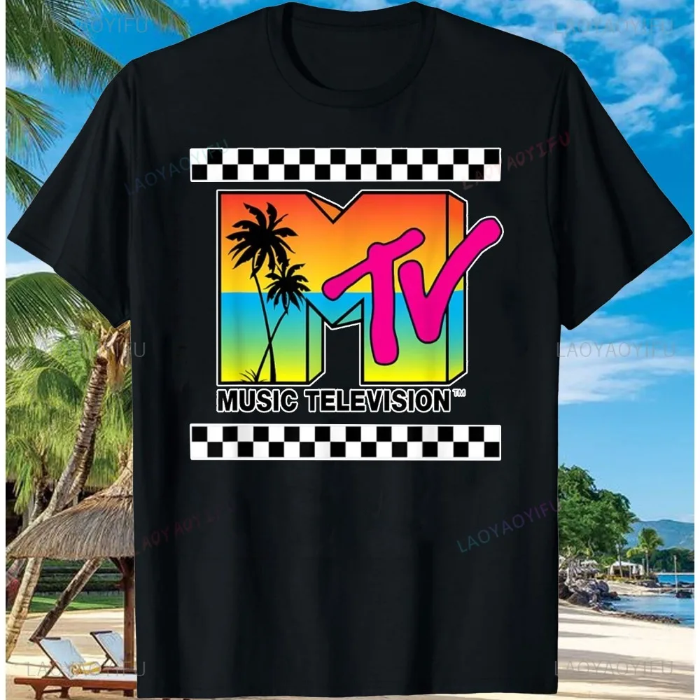 Asian size Beach Island Retro Graphic 100% Cotton T-shirt M-T-V Sunset Palm Tree Print Top Unisex T-shirts