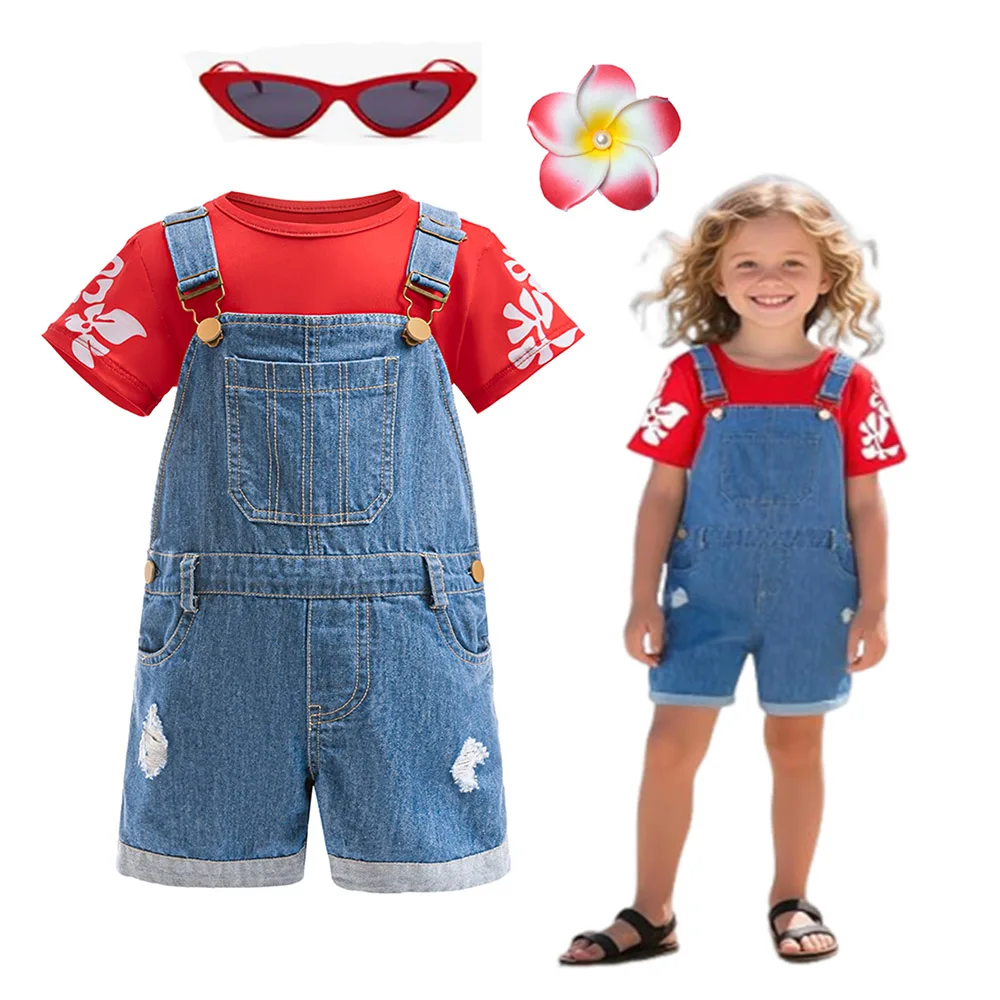 

Hawaii vacation Girls Two Piece Set 2025 New Movie Hawaii Cosplay Costume Kid girls Red Leaf Print Shirt and Denim Overalls Outf