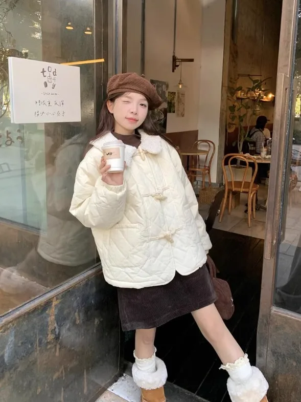 Korean Fashion Fall and Winter New Women Tops Parkas Lamb Wool Turn Down Collar Long Sleeve Horn Buckle Single Breasted Coats