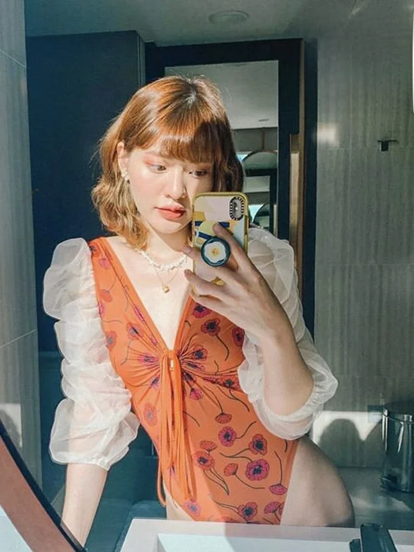 

Retro Sle One-Piece Swimsuit Women's Bubble Sve Thermal Spring Bathing Suit Small Chest Flattering Casual Swimwear