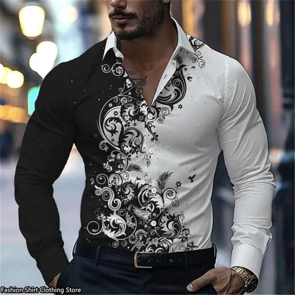 All Season Long Sleeve Floral Pattern Men's Fashion Shirts Streetwear 3D Printed Trend Male Blouse 4XL Plus Size Casual Shirt