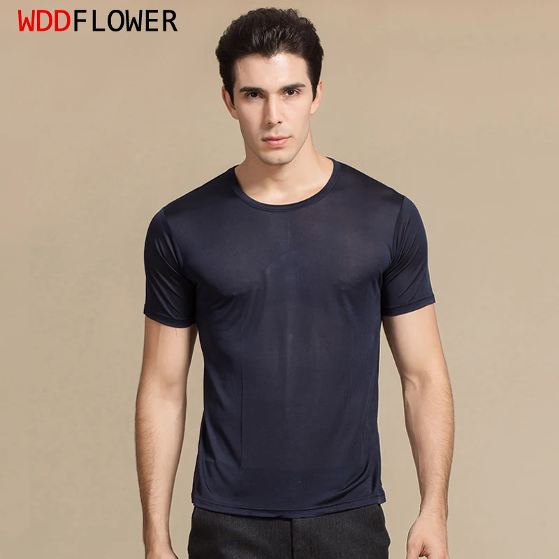 Quality 100% Mulberry Silk Knitted Men's Short Sleeve Round Neck T-Shirts Tee Top plus size HY006