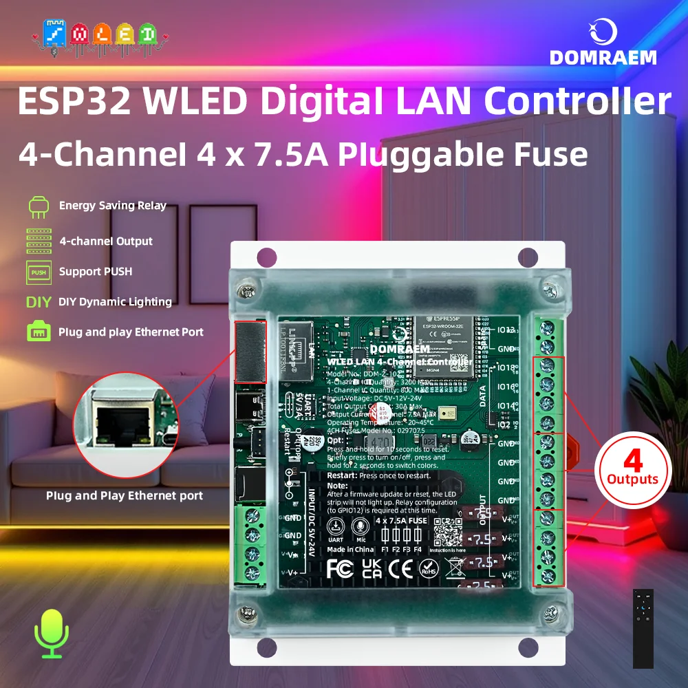 DOMRAEM 4CH ESP32 Ethernet WLED Controller DIN Rail Mount 30A 4x7.5A Independent Fuses WiFi Music Sync WS2811/12 RGBIC Strip DIY