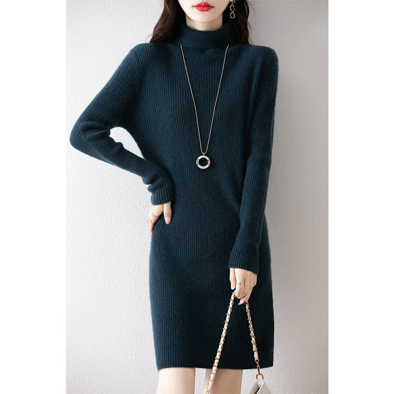 100% Wool Knitting Dress For Woman 2024 New Winter Turtleneck Slim Long Dresses Australian Wool Knit Dresses Women Clothes