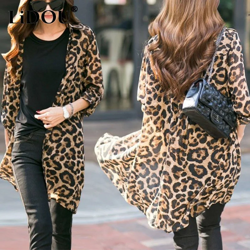 Spring Autumn Leopard Printing Cardigan Shirt Lady Long Sleeve Vintage Buttons All-match Top Women Casual Fashion Chiffon Blouse