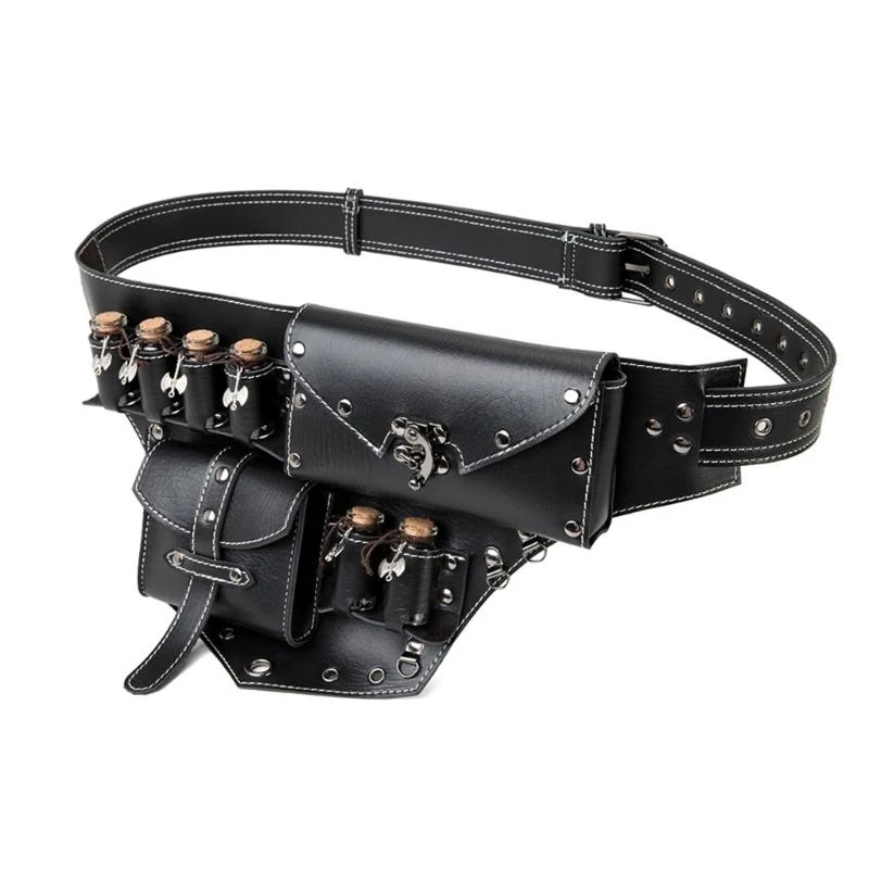 X7XC Medieval Renaissances PU Leather Belt Bag with Cork Potion Vials Alchemist Wizard Waist Pack for Festivals Cosplay