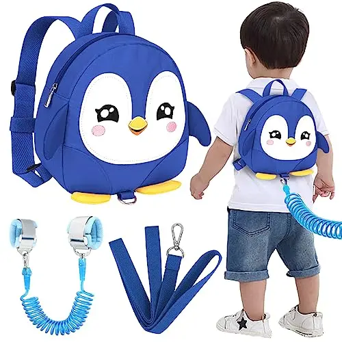 Toddler Harness Backpack Leash, Cute Penguin Kid Backpacks with Anti Lost Wrist Link(Purple)