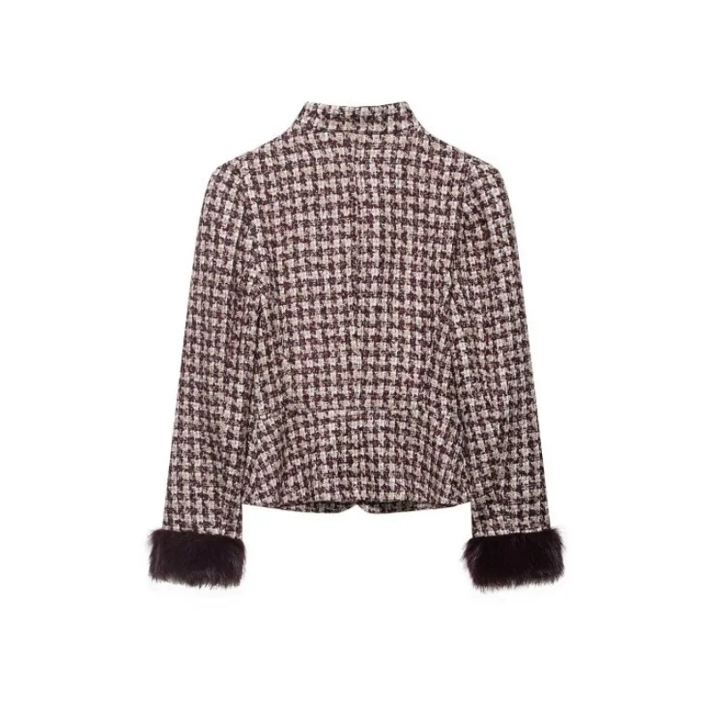 2026 Faux Fur Cuff Plaid Jacket for Women, Spring Slim Fit Casual Tweed Coat, Office Commute & Daily Wear Fashion Outerwear