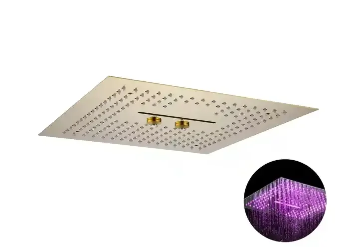 Brushed Gold Brass Single Concealed Waterfall Shower Set Ceiling Mounted Overhead LED Shower System Ceramic Pause Rain Body Jets