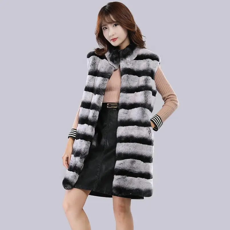 Real Rex Rabbit Fur Ladies Vest Jacket Real Fur Long Vest Rex Rabbit Fur Europe Stand Autumn and Winter Warm Fashion Thick Warm