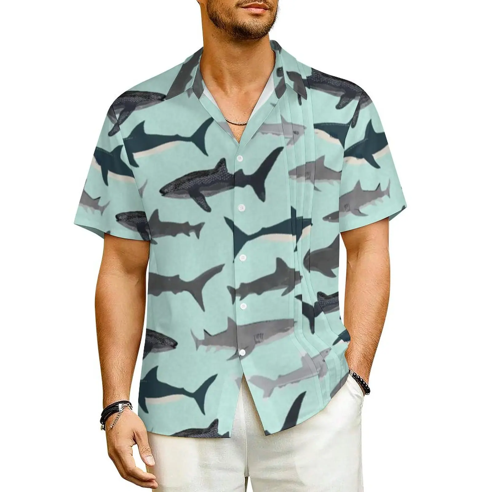 

Hawaiian Shirt Beach Great White Shark Blouses Sharks Illustration Art Loose Casual Shirts Short Sleeve Fashion Oversized Tops