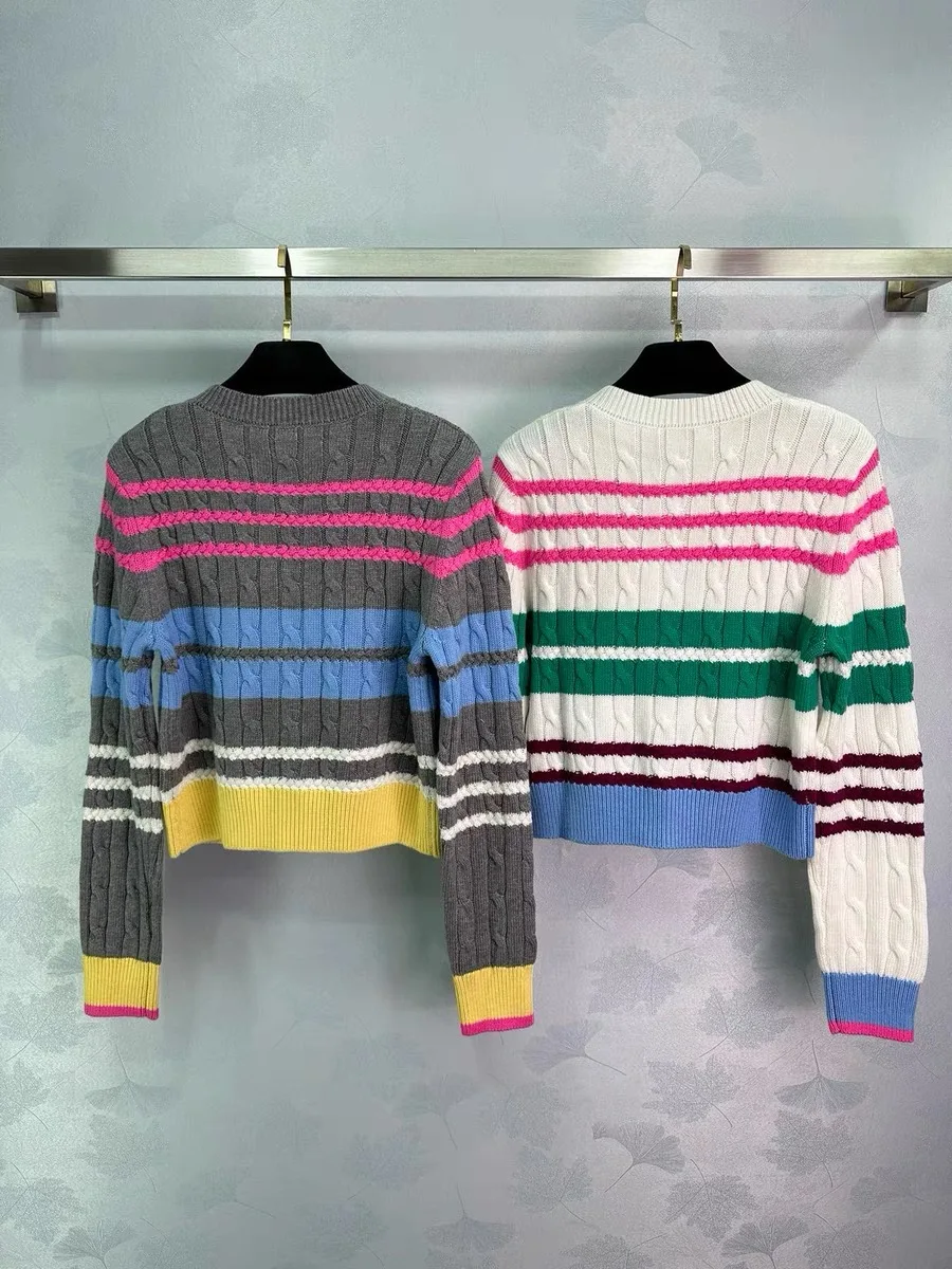 Multicolor Striped Sweater Cardigan Women Twisted Knit Stylish Fashion Vintage Ladies Knitwear Tops Long Sleeve Chic Jumper 2024