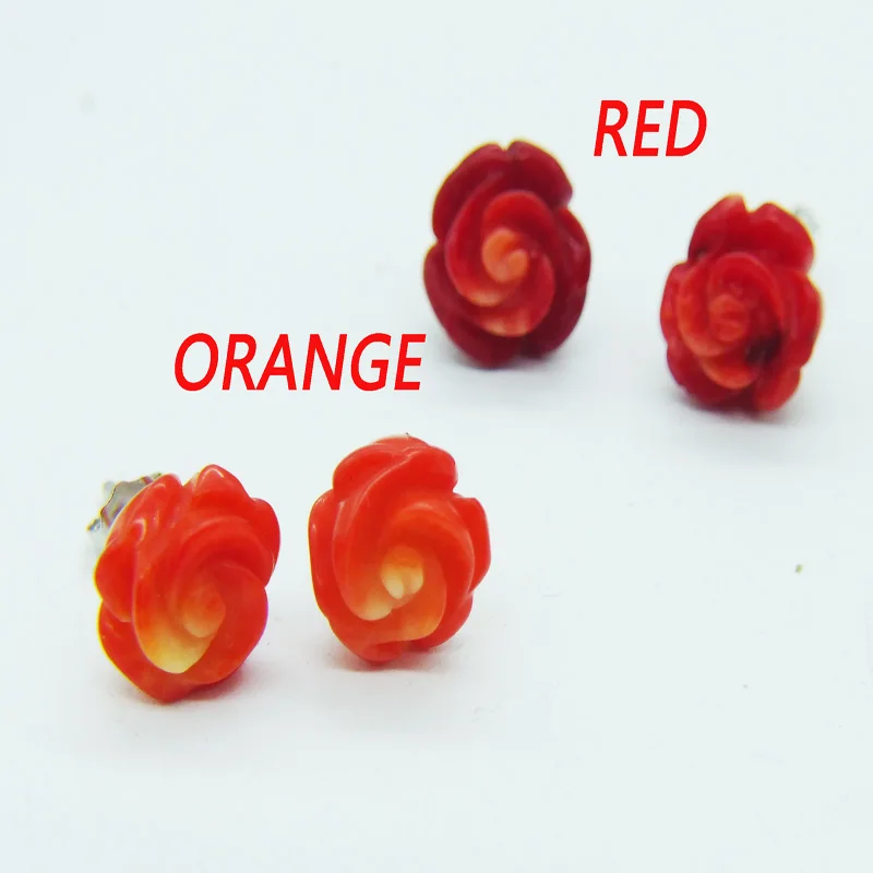 Exquisite !!  2pair Red Orange 8mm natural coral roses flower earrings