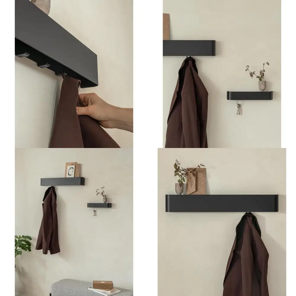 

Wall-Mounted Coat Rack with Storage and Hidden Hooks | Black Metal Hat Rack Organizer