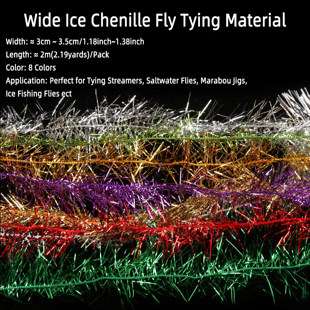 2m/Pack 3.0~3.5cm Wide Ice Chenille Fly Tying Material Long Hair Chenille Crystal Flash Marabou Jig Lure Saltwater Streamer Fly