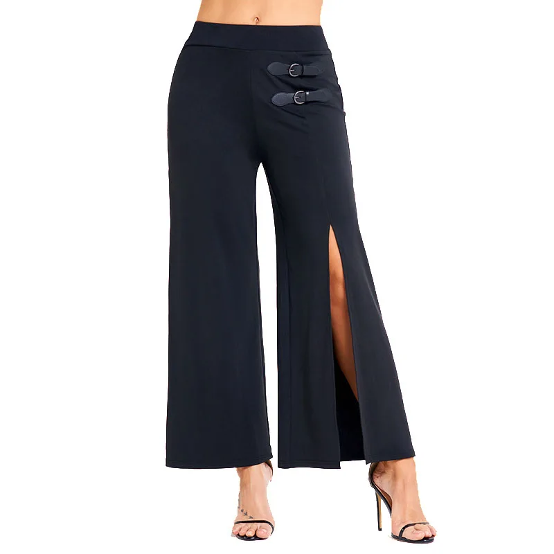 

Dressfo 2024 Womens Black Casual Pants Solid Color High Slit Wide Leg Pants Buckle Straps Long Loose Pants