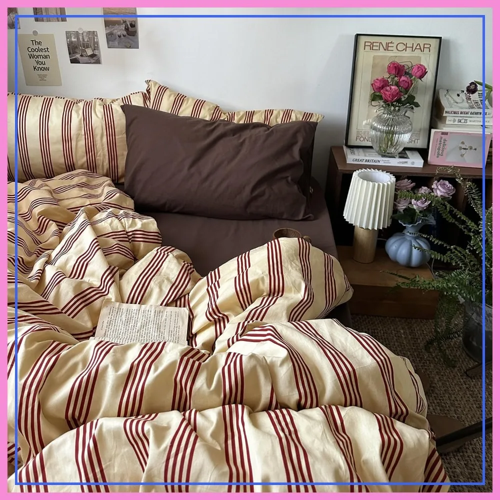 

Retro Striped Duvet Cover Set Queen - 100% Natural Cotton 3-Piece Vintage Red Stripes Pattern Printed Bedding Set, Soft Breathable with Zipper Closure & Corner Ties