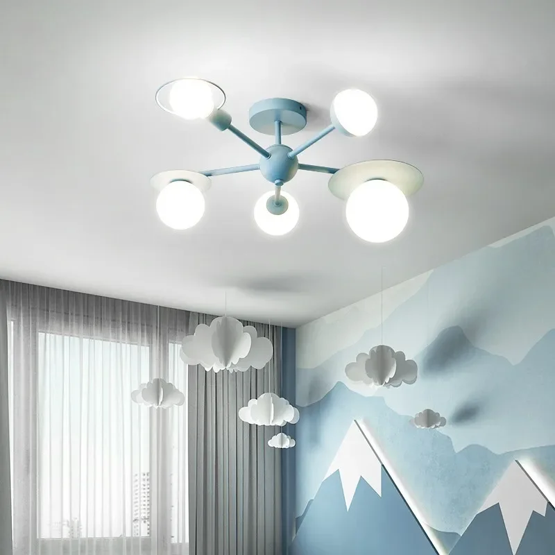 Nordic Children Bedroom Chandelier Lighting Glass Lampshade Cartoon LED Blue Pink Ceiling Light for Girl Boy Kids Princess Room