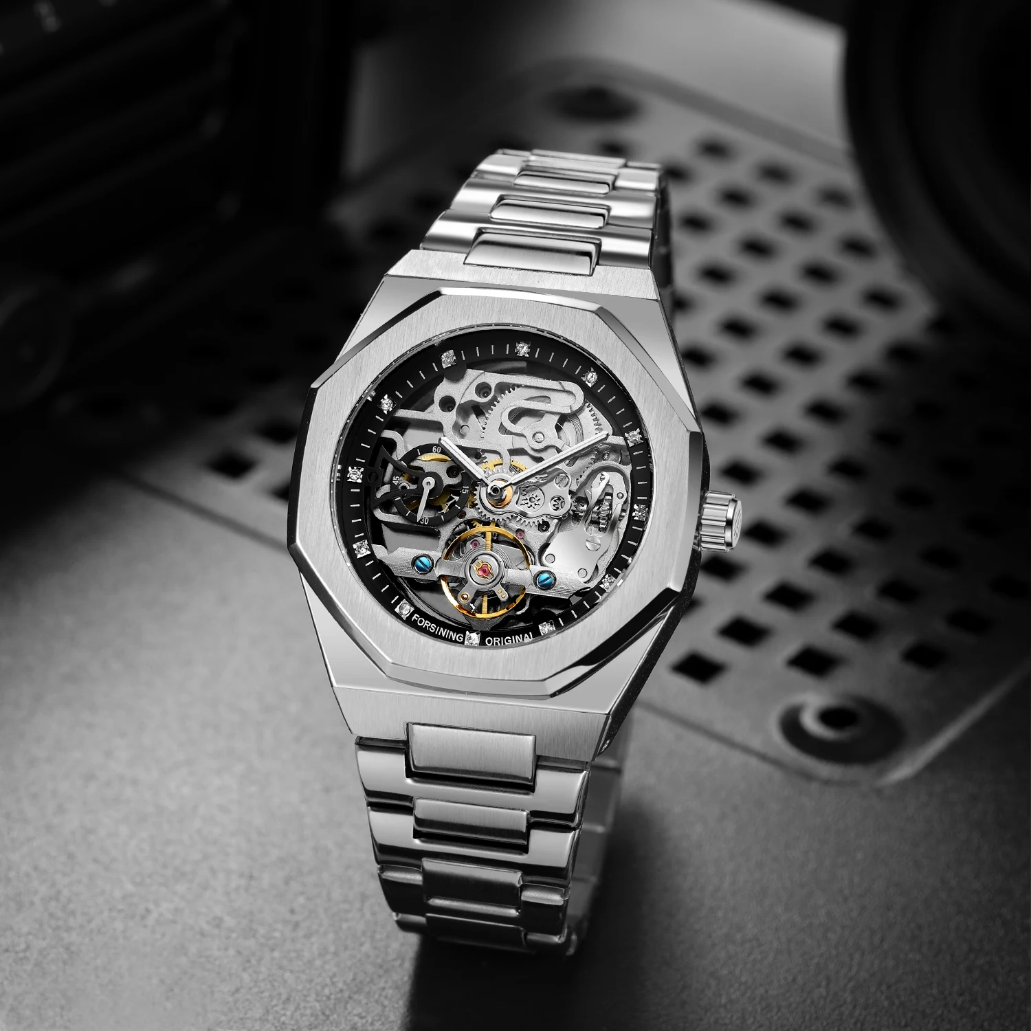 FORSINING Luxury Rhinestone Polygon Men Watch Skeleton Automatic Mechanical Waterproof Stainless Steel Formal Business Man Clock