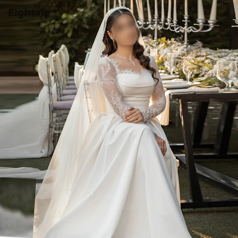 

Eightale арабское свадебное платье с кружевом на заказ, белое атласное платье цвета слоновой кости с длинными рукавами, мусульманское свадебное платье трапециевидной формы, вечернее платье невесты