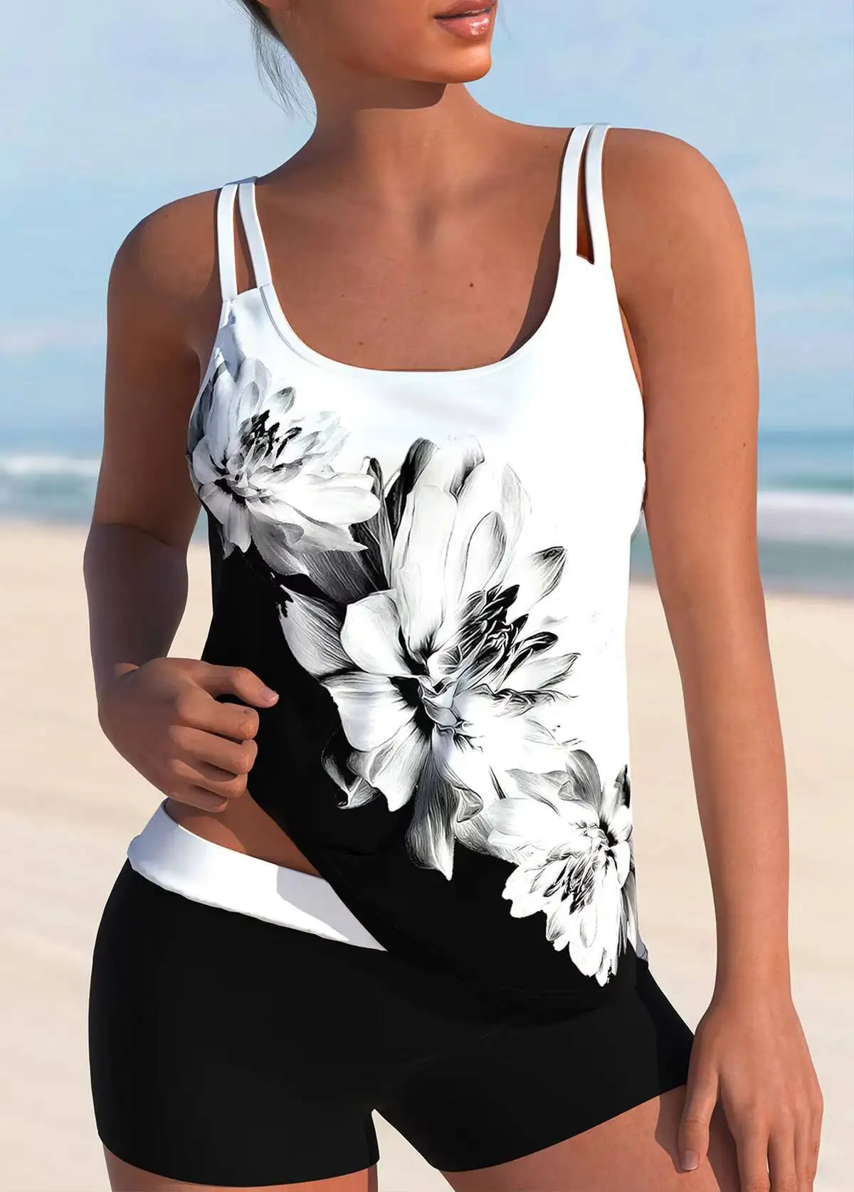 Women's Double Strap Floral Print Tank Top Knit Fitted Top Boho Tank Top Spring Summer Beach Tank Top Daily Lightweight Top
