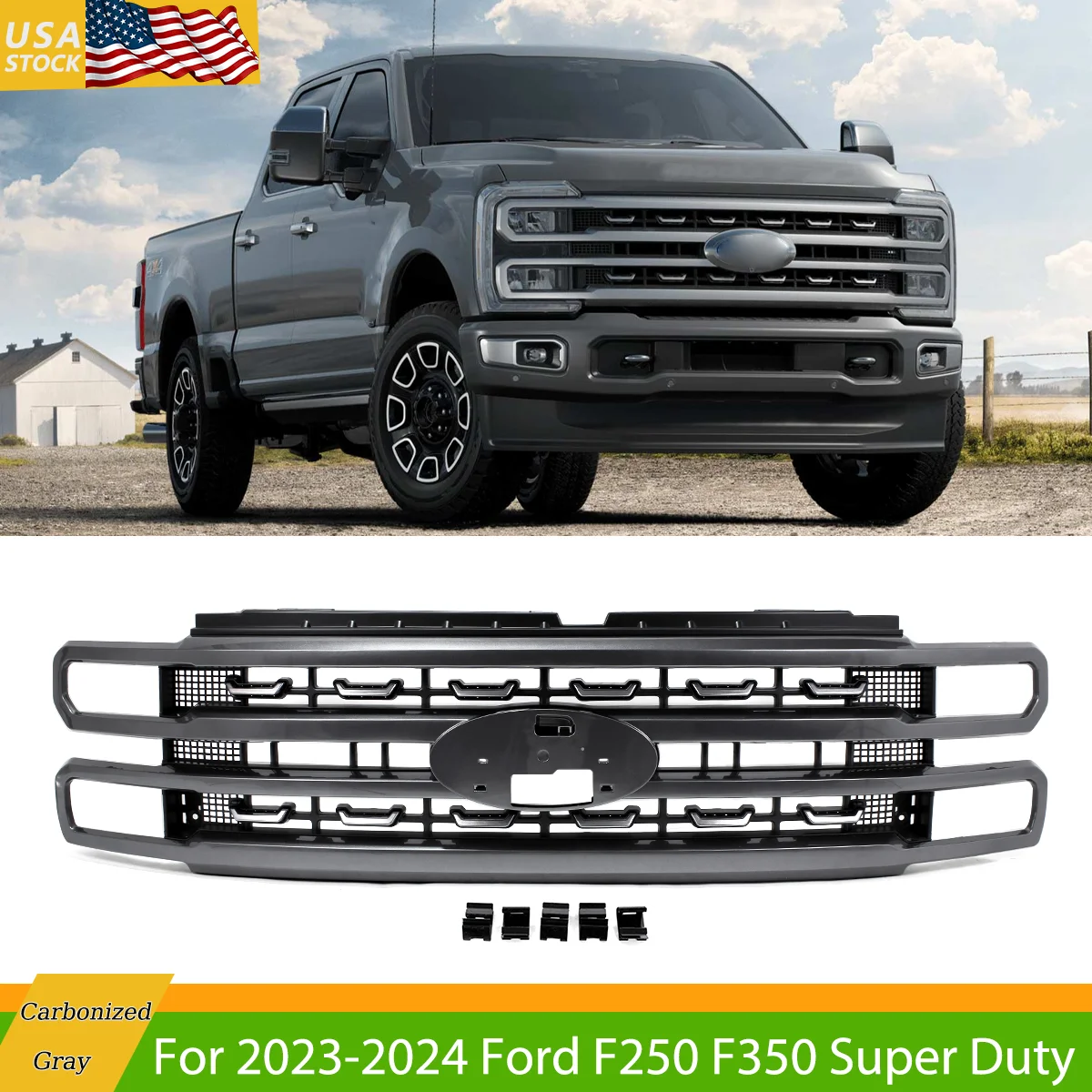 Painted M7 Carbonized Gray Front Radiator Grille For 2023-2025 Ford F250 F350 Super Duty Lariat Style Front Bumper Upper Grills