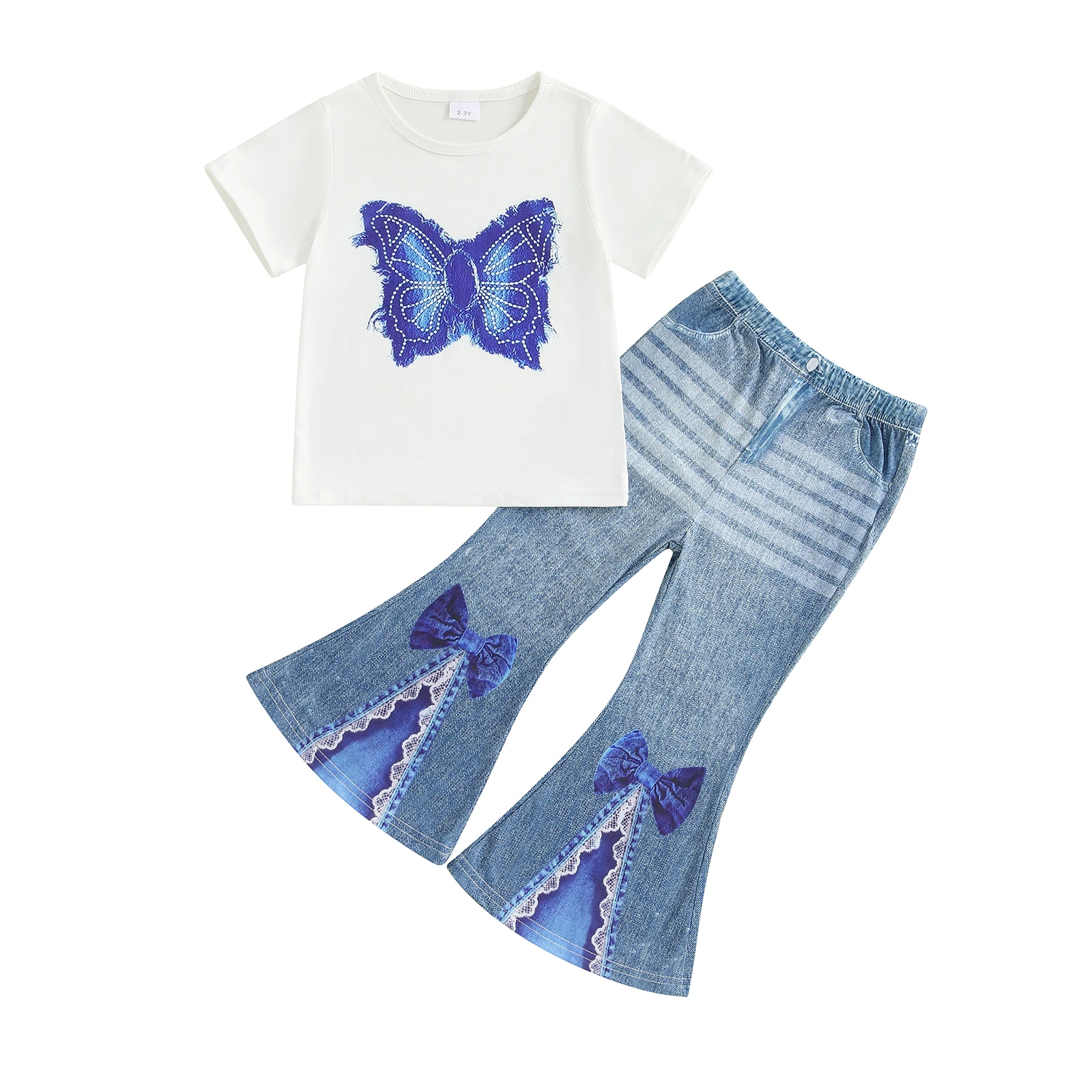 2-7Y Little Toddler Girl Summer Outfit Butterfly Pattern Crew Neck Short Sleeve T-Shirt and Denim Bell Bottoms 2 Pcs Set