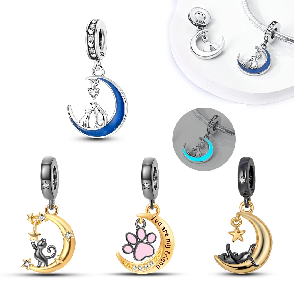 925 Sterling Silver Kitten in the Night Pendant Fit Charms Pendant Silver 925 Original Bracelet for Jewelry Making