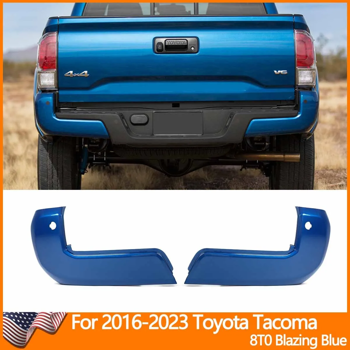 

8T0 Blazing Blue Rear Bumper End Caps For 2016-2023 Toyota Tacoma Sensor Holes SR5 Crew Cab Pickup 4-Door pair bumper parts