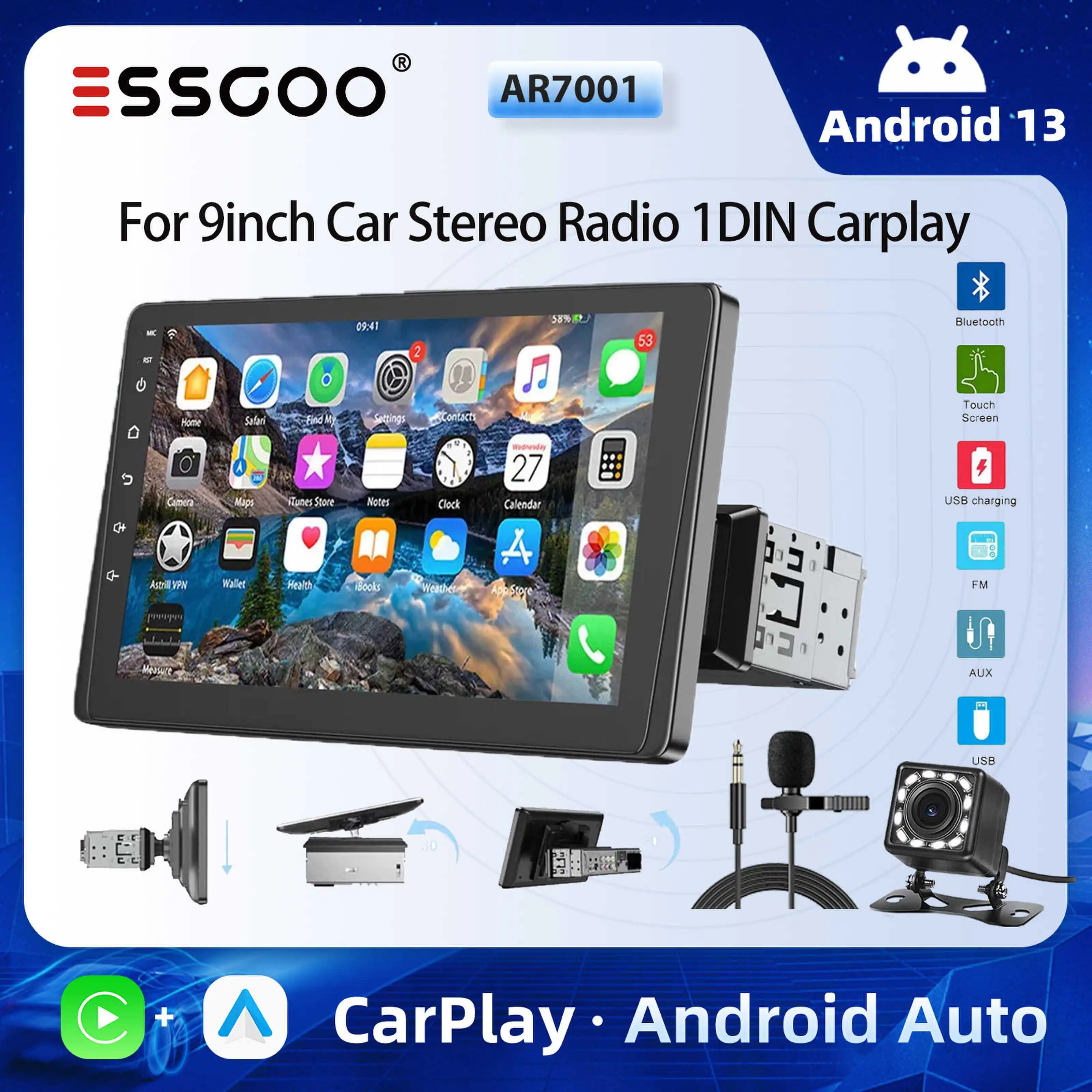 ESSGOO 9inch Car Stereo Radio 1DIN Head Unit Carplay Android Auto Radio Touch Screen Bluetooth FM USB AUX TF MIC BT Camera