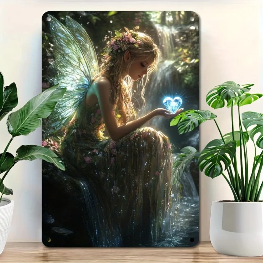 Whimsical Vintage Fairy with Iridescent Wings Metal Sign - 8x12 Inch Wall Art for Home & Garden Decor, Fantasy Design