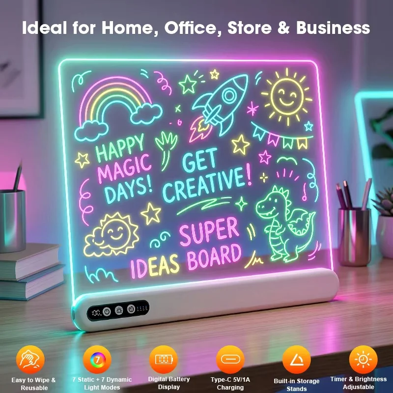 LED Drawing Board for Kids Rechargeable Light-Up Acrylic Neon Board with Timer and Built-in Stand Digital Battery