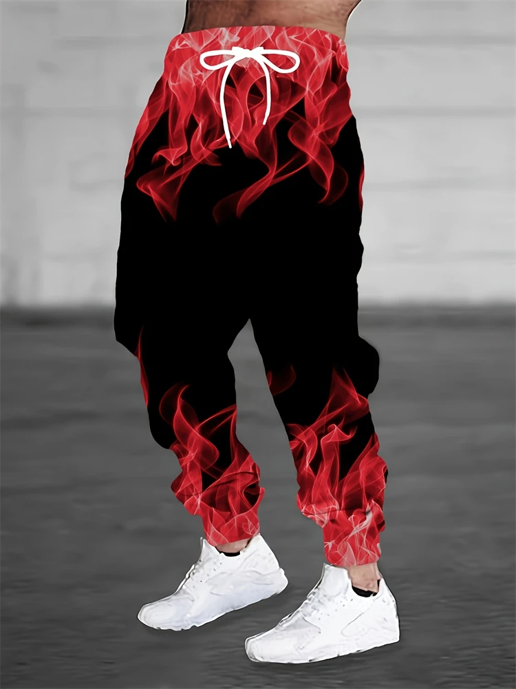 New Men's Fall Drawstring Casual Pants Stylish Flame Print Straight-Leg Pants Men's Loose-Fit Comfortable Rolled-Cuff Pants