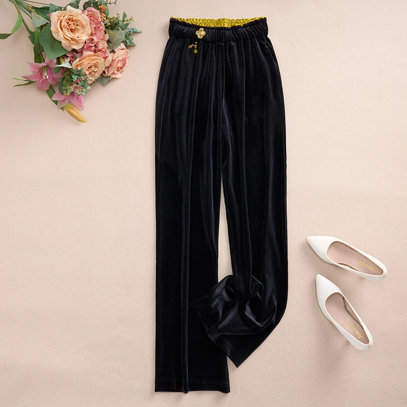 

Spring New High Waist Elastic Waist Gold Velvet Wide Leg Pants Loose Casual Trousers for Women Flared Pants Office Wear